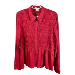 Sundance Red Peplum Bottom Embroidered Long Sleeve Button Front Blouse L